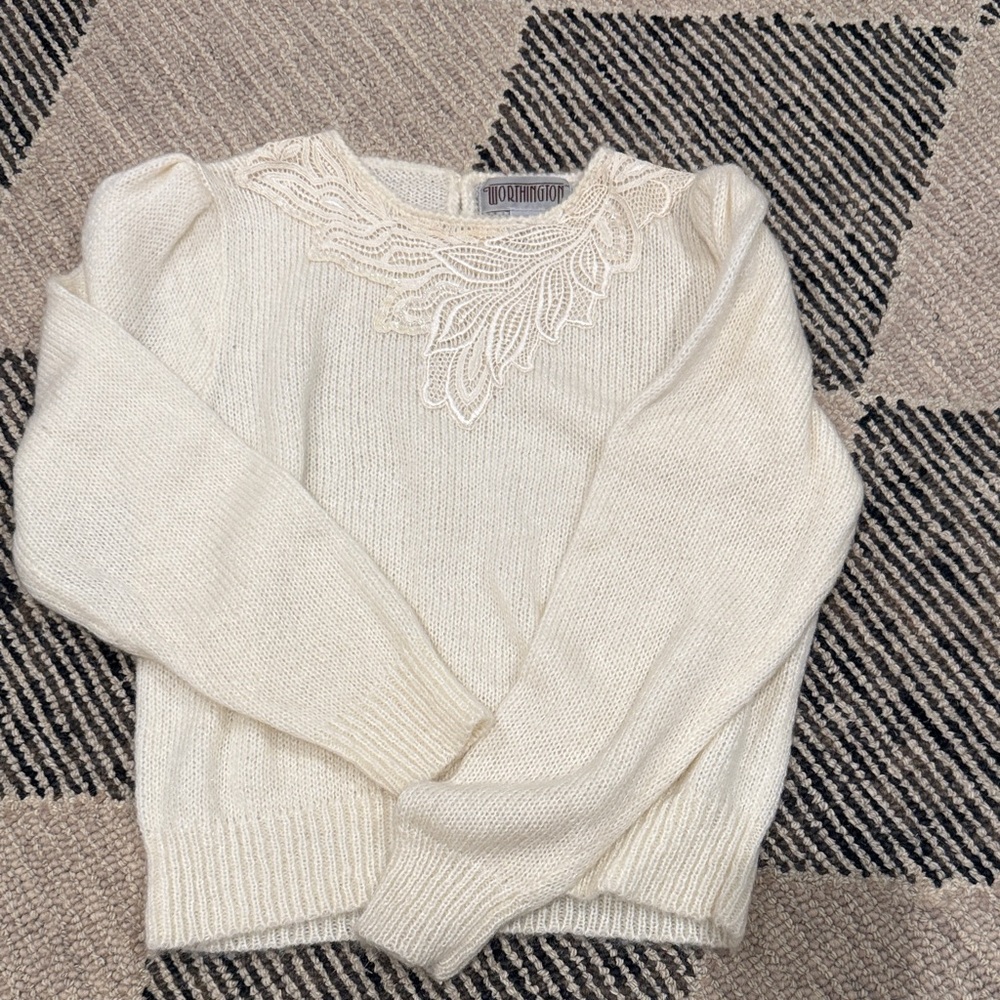 Worthington Cream Lace-Accent Crewneck Sweater